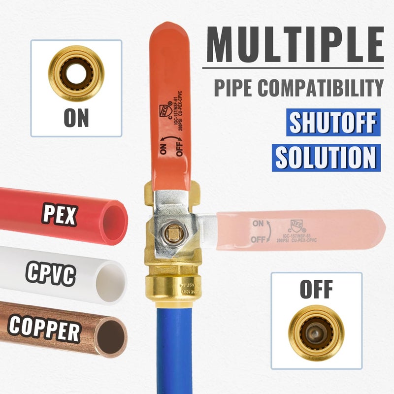 SUNGATOR صمام كروي SUNGATOR 3/4 بوصة، صمام إيقاف 3/4"، تركيبات سبائك نحاسية خالية من الرصاص للتوصيل السريع، ملائمة كاملة لخرطوم PEX، نحاس، CPVC، PE-RT، عبوة من 2 - Image 4